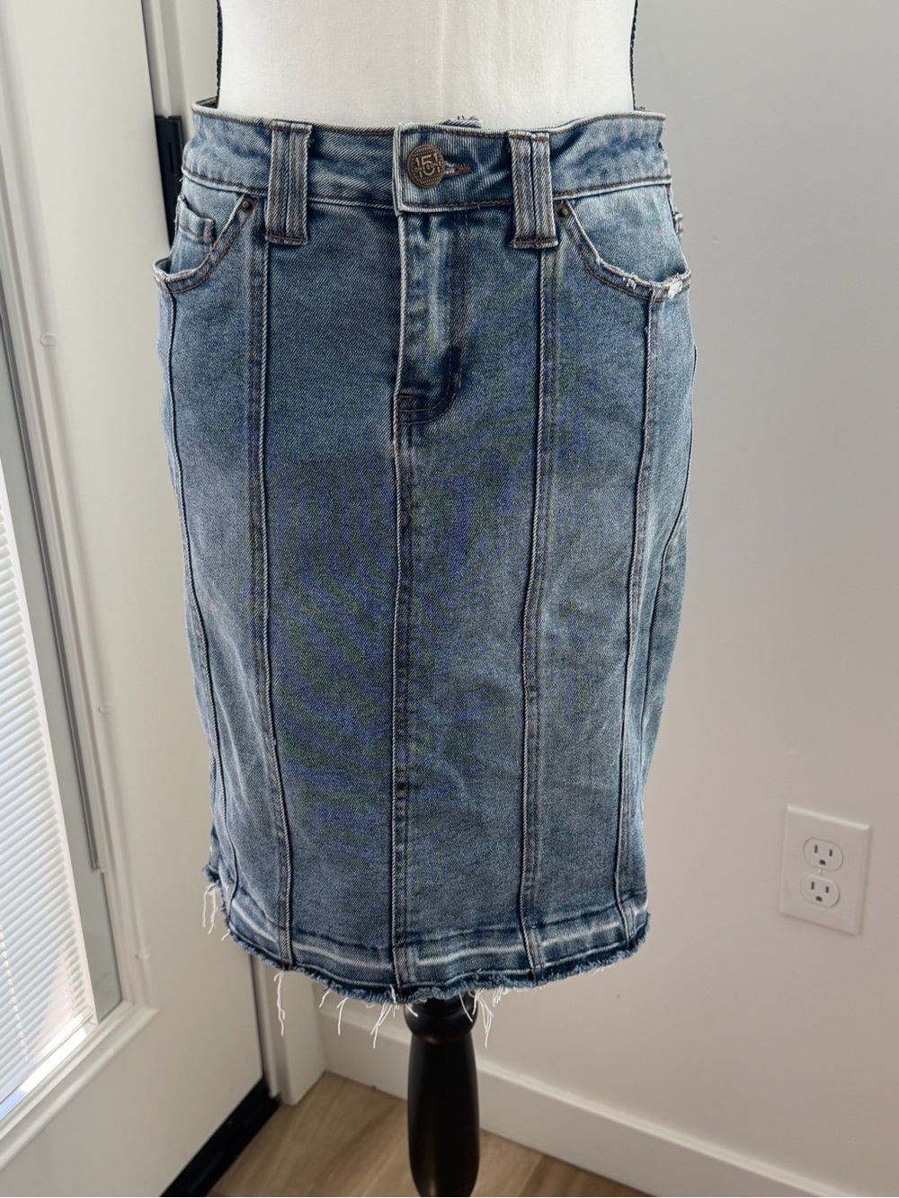 one 5 one Washed Blue Denim Pencil Skirt
